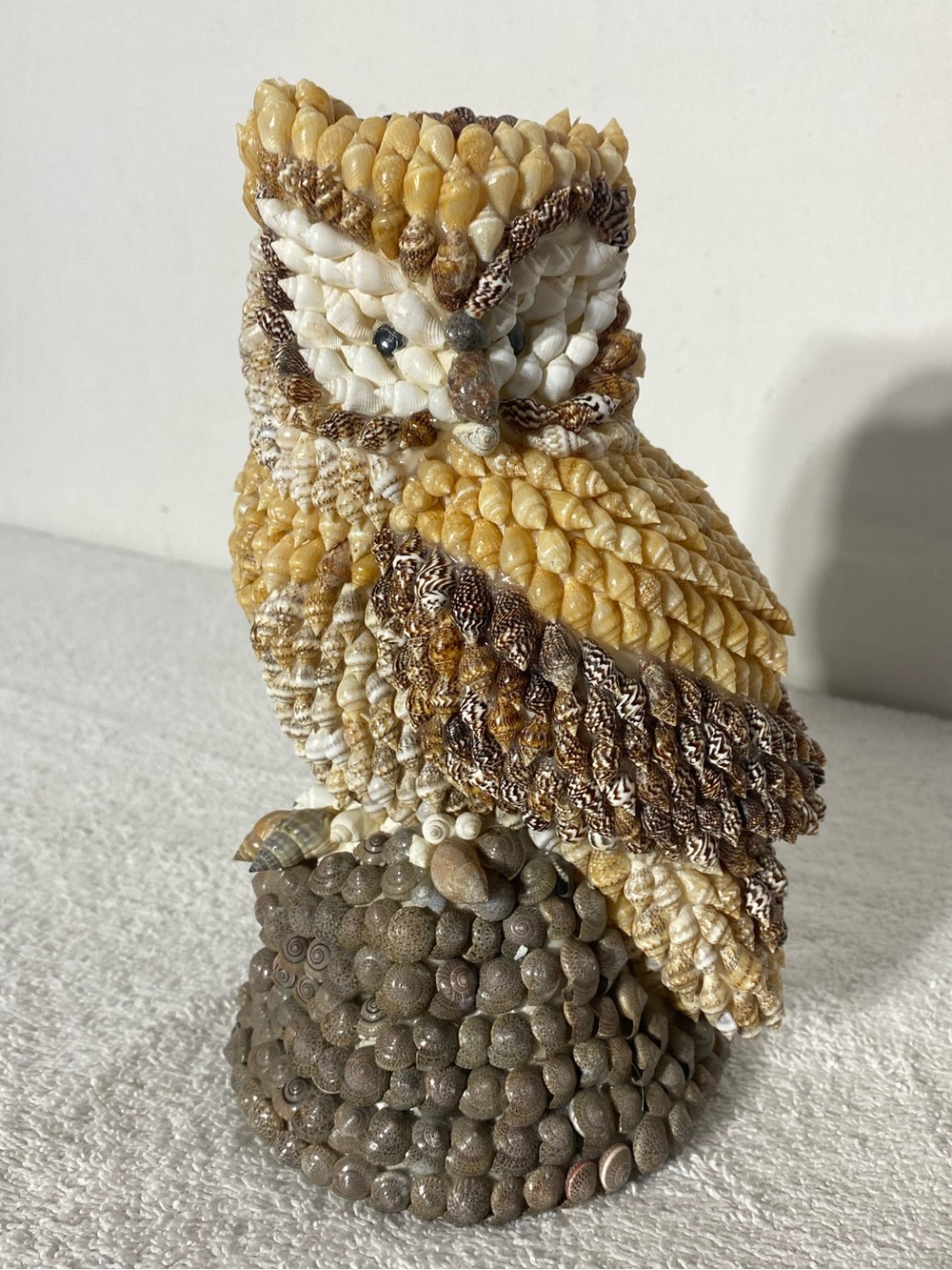 Vintage 70s Handmade Kitschy Sea Shell Owl Statue W Googly Eyes Cottagecore